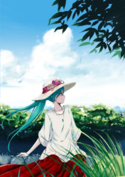 Anime picture 1357x1920 with vocaloid hatsune miku sola7764 single long hair tall image twintails green eyes looking away cloud (clouds) profile green hair girl plant (plants) hat pendant