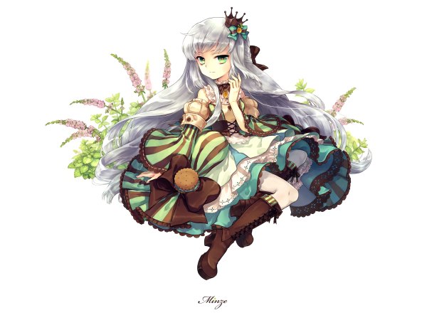 Anime picture 2400x1800 with original hebino (snake nest) single long hair looking at viewer highres green eyes silver hair girl dress flower (flowers) bow detached sleeves boots crown