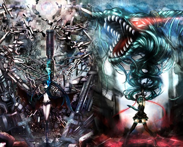 Anime picture 2000x1600 with black rock shooter vocaloid hatsune miku black rock shooter (character) shino (eefy) highres twintails scar girl gun chain dragon