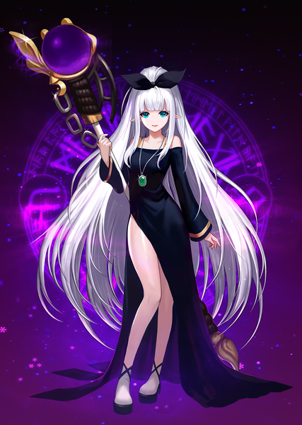 Anime picture 900x1263 with dungeon and fighter phonic single tall image looking at viewer fringe simple background smile standing bare shoulders holding payot white hair ponytail blunt bangs long sleeves very long hair aqua eyes pointy ears wide sleeves