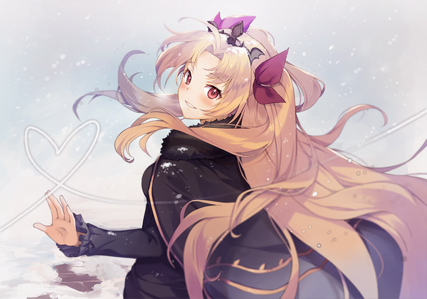 Anime picture 1118x783 with fate (series) fate/grand order toosaka rin ereshkigal (fate) naguri single long hair looking at viewer blush blonde hair red eyes looking back from above two side up snowing snow heart of string girl bow hair bow