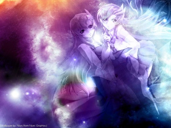 Anime picture 1024x768 with mobile suit gundam gundam seed destiny sunrise (studio) lacus clyne meer campbell nisec (nise) long hair looking at viewer multiple girls wallpaper holding hands third-party edit girl hair ornament 2 girls hairclip star (symbol) star hair ornament