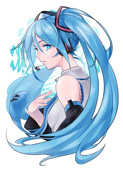 Anime picture 1048x1481 with vocaloid hatsune miku nana g single long hair tall image looking at viewer blue eyes simple background white background twintails blue hair profile girl detached sleeves headphones