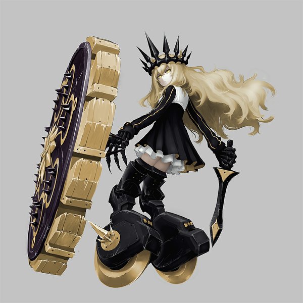 Anime picture 1000x1000 with black rock shooter chariot (black rock shooter) yytru single long hair looking at viewer simple background blonde hair yellow eyes looking back wavy hair girl dress weapon sword armor black dress crown huge weapon armored dress