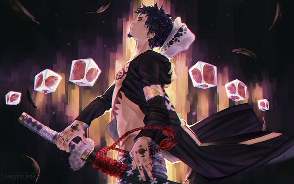 Anime picture 1280x800 with one piece toei animation trafalgar law sakonma single short hair black hair profile open clothes tattoo piercing ear piercing boy weapon sword beard rope heart (organ)