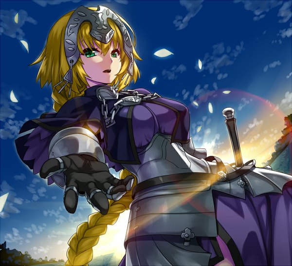 Anime picture 900x818 with fate (series) fate/apocrypha type-moon jeanne d'arc (fate) (all) jeanne d'arc (fate) hotori (sion) long hair looking at viewer open mouth blonde hair standing green eyes sky cloud (clouds) braid (braids) sunlight outstretched arm single braid sunbeam girl