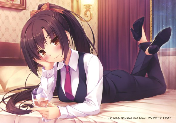 Anime picture 3401x2382 with sayori single long hair looking at viewer blush highres smile brown hair brown eyes absurdres ponytail scan official art girl bow hair bow necktie bed suit wine glass