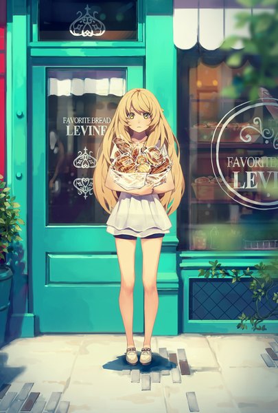 Anime picture 1200x1776 with original yohan12 single long hair tall image looking at viewer blush fringe blonde hair standing holding yellow eyes payot full body outdoors inscription bare legs shadow short sleeves text