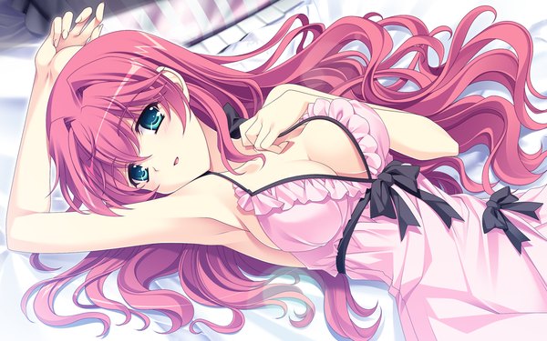 Anime picture 1280x800 with shitsuji ga aruji wo erabu toki ichijouji yura ankoromochi long hair looking at viewer open mouth blue eyes wide image bare shoulders pink hair game cg cleavage lying arms up armpit (armpits) girl lingerie