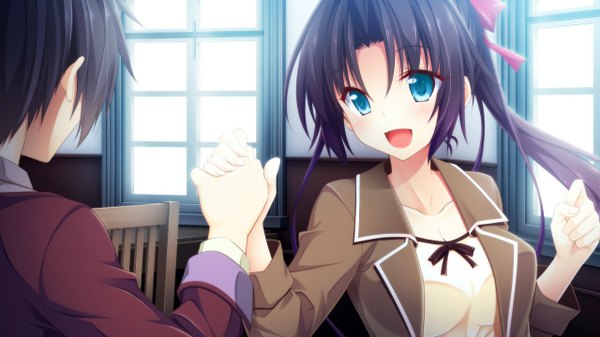 Anime picture 1280x720 with 11gatsu no arcadia mitoya sena arisaka takuto hayakawa harui long hair blush short hair open mouth black hair smile wide image looking away game cg ponytail aqua eyes holding hands girl boy window