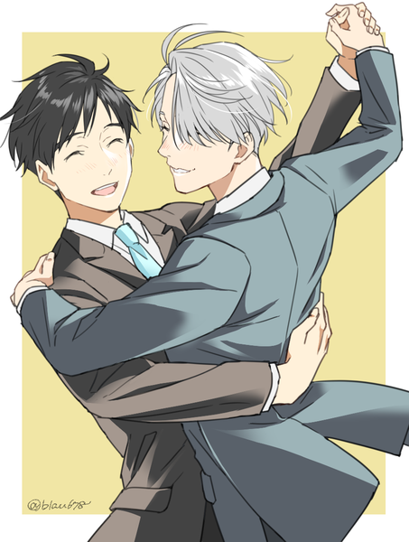 Anime picture 891x1180 with yuri!!! on ice mappa viktor nikiforov katsuki yuuri natsuko (bluecandy) tall image fringe short hair open mouth black hair simple background smile silver hair eyes closed hair over one eye multiple boys ^ ^ yellow background dancing formal