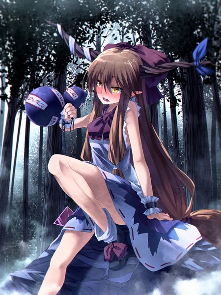 Anime picture 1200x1600 with touhou ibuki suika ibuki notsu single tall image blush open mouth brown hair sitting bare shoulders yellow eyes very long hair horn (horns) pointy ears girl bow plant (plants) hair bow tree (trees) alcohol
