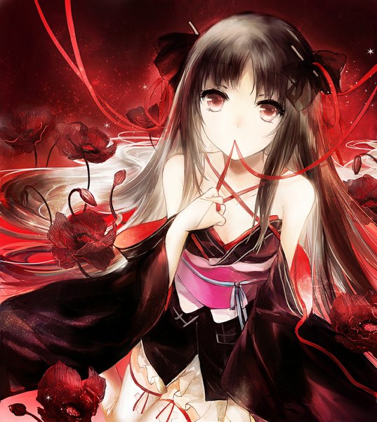 Anime picture 1000x1117 with machine-doll wa kizutsukanai yaya (machine-doll) juexing (moemoe3345) single long hair tall image looking at viewer black hair red eyes holding white hair traditional clothes japanese clothes multicolored hair two-tone hair mouth hold pale skin ribbon in mouth girl thighhighs