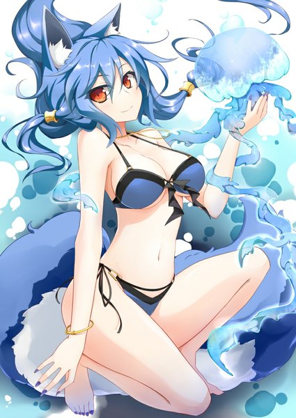 Anime picture 725x1024 with original red-eyes macadamiachoco single long hair tall image looking at viewer light erotic smile red eyes animal ears blue hair cleavage tail animal tail girl navel swimsuit bikini