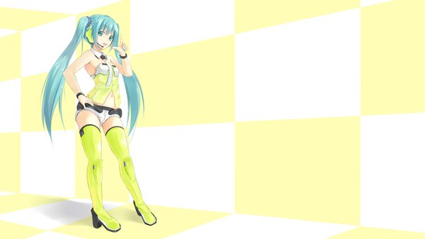 Anime picture 1920x1080 with project diva vocaloid hatsune miku konimaru single long hair highres wide image twintails aqua eyes aqua hair checkered girl thigh boots