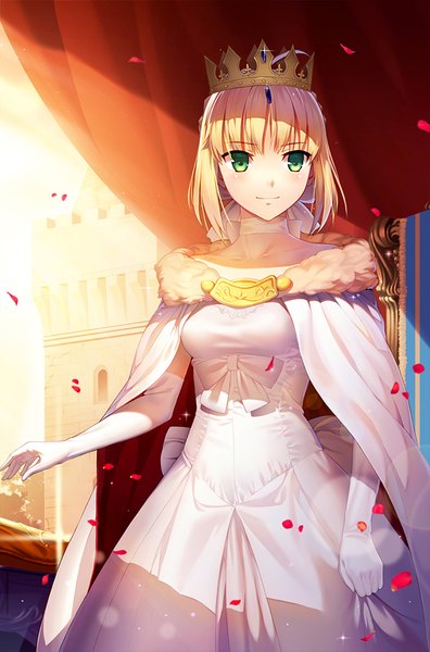 Anime picture 660x1000 with fate (series) fate/stay night artoria pendragon (all) saber vmax-ver (a3eilm2s2y) single tall image blush fringe short hair blonde hair standing holding green eyes looking away ahoge blunt bangs light smile wind sparkle