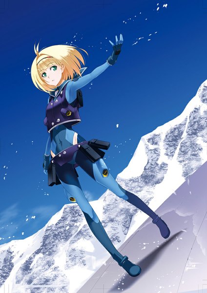 Anime picture 681x964 with heavy object j.c. staff milinda brantini inue shinsuke single tall image looking at viewer fringe short hair breasts blonde hair standing sky ahoge aqua eyes official art midriff dutch angle outstretched arm winter