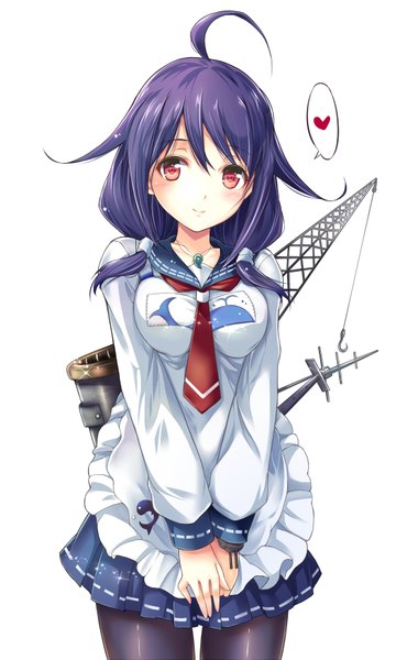 Anime picture 1080x1750 with kantai collection taigei light aircraft carrier taka-kun single long hair tall image looking at viewer blush fringe breasts simple background smile hair between eyes large breasts standing white background twintails purple hair long sleeves pleated skirt