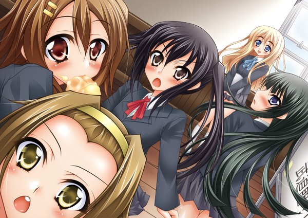 Anime picture 3000x2120 with k-on! kyoto animation akiyama mio hirasawa yui nakano azusa kotobuki tsumugi tainaka ritsu fukunaga yukito long hair looking at viewer blush highres short hair open mouth blue eyes black hair blonde hair brown hair twintails multiple girls