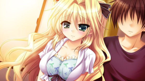 Anime picture 1280x720 with mashiro summer amagi sakino ikura nagisa blush black hair blonde hair wide image green eyes game cg girl dress boy