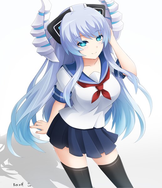 Anime picture 861x1000 with choujigen game neptune kami jigen game neptune v kiseijou rei keenh single long hair tall image looking at viewer fringe breasts blue eyes simple background smile white background signed payot blue hair pleated skirt horn (horns) from above