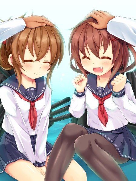 Anime picture 900x1200 with kantai collection inazuma destroyer ikazuchi destroyer niiya long hair tall image looking at viewer blush open mouth smile brown hair sitting multiple girls eyes closed one eye closed wink teeth fang (fangs) happy hand on head