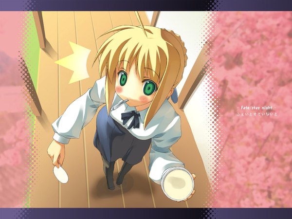 Anime picture 1600x1200 with fate (series) fate/stay night studio deen type-moon artoria pendragon (all) saber blush short hair blonde hair green eyes ahoge inscription girl food