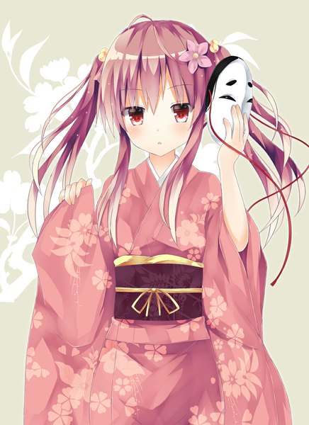 Anime picture 827x1136 with touhou hata no kokoro mizumidori single long hair tall image looking at viewer blush fringe open mouth red eyes standing twintails holding pink hair ahoge traditional clothes japanese clothes hair flower wind