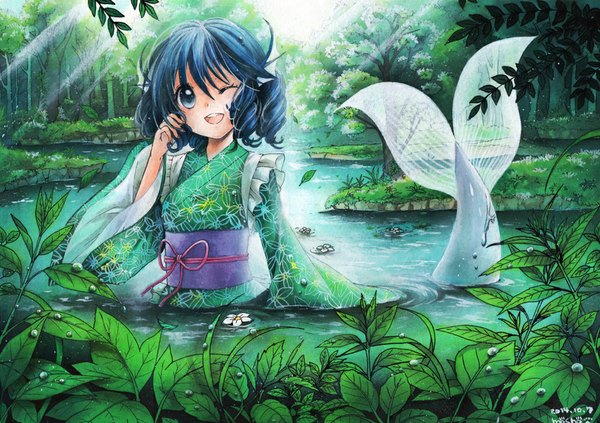 Anime picture 1000x705 with touhou wakasagihime mosho single looking at viewer short hair open mouth blue eyes signed blue hair traditional clothes japanese clothes one eye closed wink sunlight drill hair traditional media watercolor (medium) lake girl