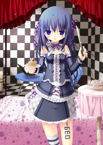 Anime picture 2966x4148 with spirtie long hair tall image blush highres open mouth blue eyes black hair loli checkered background girl sweets knife cake laptop