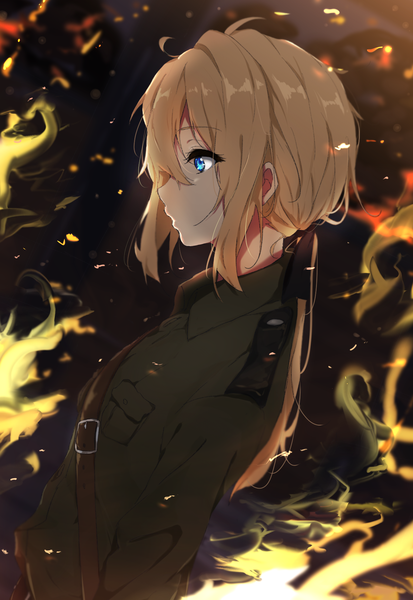 Anime picture 1251x1817 with violet evergarden kyoto animation violet evergarden (character) icehotmilktea single long hair tall image fringe blue eyes blonde hair hair between eyes payot looking away upper body profile low ponytail military girl uniform military uniform