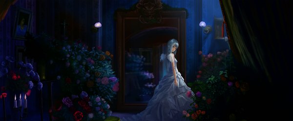 Anime picture 4214x1748 with rozen maiden suigintou peko (akibakeisena) single long hair highres red eyes wide image looking back grey hair night looking down white wings girl dress hair ornament flower (flowers) ribbon (ribbons) wings bracelet