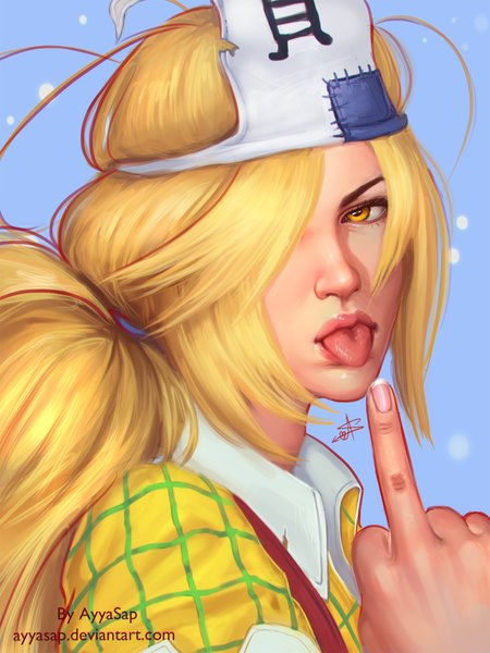 Anime picture 1536x2048 with binbougami ga! momiji (binbougami ga!) ayyasap single long hair tall image fringe blonde hair yellow eyes lips hair over one eye realistic middle finger girl tongue clothes triangular headpiece