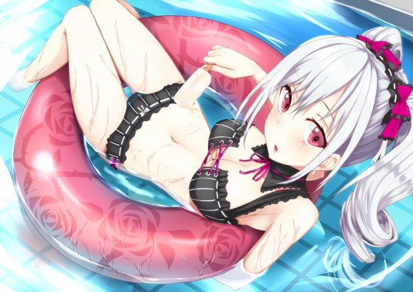 Anime picture 1500x1062 with idolmaster idolmaster cinderella girls kanzaki ranko kusahagane single long hair looking at viewer blush open mouth light erotic red eyes twintails white hair from above drill hair afloat beach angel girl navel bow