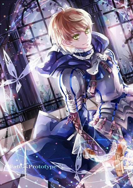 Anime picture 800x1131 with fate (series) fate/prototype type-moon arthur pendragon (fate) instockee single tall image fringe short hair blonde hair smile holding green eyes looking away boy weapon sword armor hood insect
