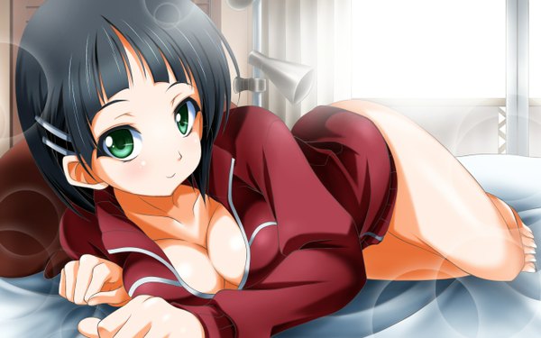 Anime picture 1344x840 with sword art online a-1 pictures kirigaya suguha tagme (artist) single looking at viewer short hair breasts light erotic black hair wide image large breasts green eyes girl hair ornament bobby pin