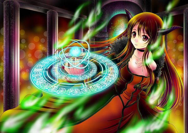 Anime picture 4093x2894 with maoyuu maou yuusha arms corporation maou (maoyuu) aka kitsune single long hair highres red eyes brown hair absurdres horn (horns) magic girl dress magic circle