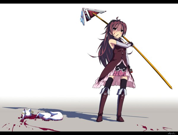 Anime picture 1100x836 with mahou shoujo madoka magica shaft (studio) sakura kyouko kyuubee ouryoku (o-ryoku) single long hair blush red eyes red hair girl thighhighs skirt weapon black thighhighs miniskirt blood