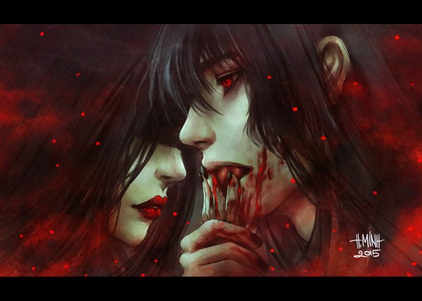 Anime picture 1400x1000 with original mara (original character) morana (original character) nanfe long hair fringe black hair red eyes signed nail polish lips realistic lipstick holding hands dated dark background letterboxed pale skin red lipstick hair over eyes