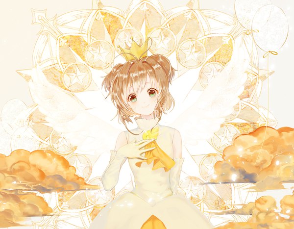 Anime picture 1146x893 with card captor sakura clamp kinomoto sakura say hana single looking at viewer short hair smile brown hair green eyes upper body ahoge head tilt two side up hand on chest magical girl girl gloves elbow gloves white gloves