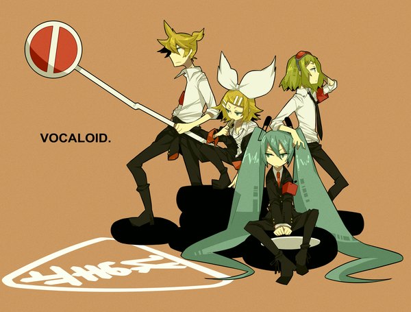 Anime picture 2983x2267 with vocaloid hatsune miku kagamine rin kagamine len gumi haruka (fizz) long hair highres short hair simple background blonde hair sitting twintails multiple girls green eyes very long hair profile aqua eyes aqua hair off shoulder