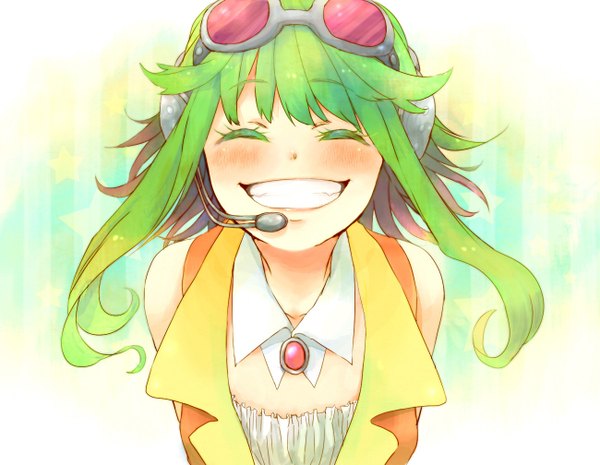 Anime picture 1300x1008 with vocaloid gumi smile green eyes sky eyes closed green hair girl glasses goggles headset