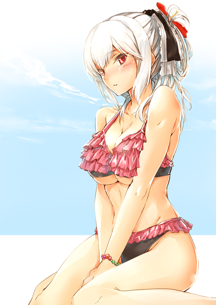 Anime picture 724x1023 with sennen sensou aigis serra (sennen sensou aigis) kyougoku touya single tall image looking at viewer blush fringe breasts light erotic red eyes large breasts sitting payot sky cloud (clouds) white hair ponytail embarrassed groin