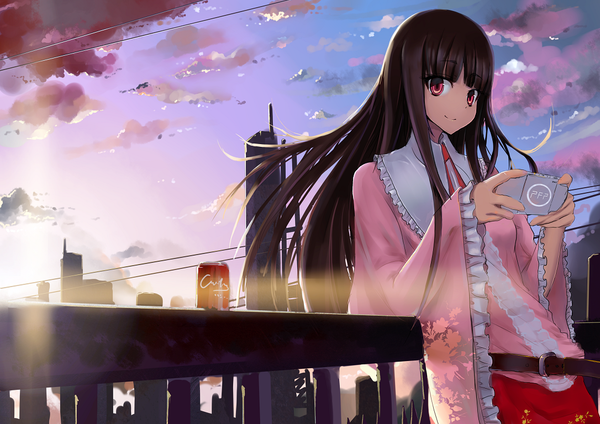 Anime picture 1086x768 with touhou houraisan kaguya linsert (artist) single long hair black hair smile red eyes sky cloud (clouds) city girl wire (wires) psp