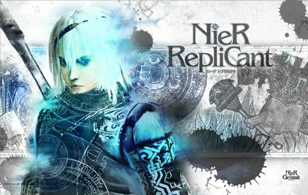 Anime picture 1260x796 with nier nier replicant nier (young) single looking at viewer short hair blue eyes white hair monochrome eyes logo knight boy weapon plant (plants) animal sword book (books) staff shield