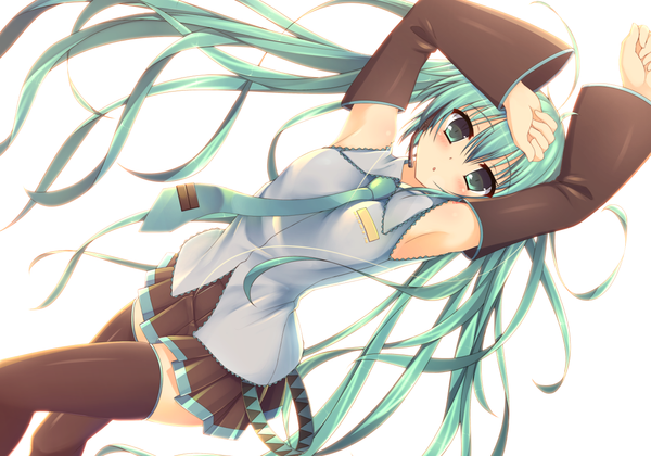 Anime picture 1339x939 with vocaloid hatsune miku abekawa mochi single looking at viewer blush white background twintails very long hair aqua eyes aqua hair armpit (armpits) girl thighhighs skirt black thighhighs detached sleeves miniskirt necktie