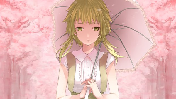 Anime picture 3200x1800 with vocaloid gumi settyaro single highres short hair wide image green eyes absurdres green hair cherry blossoms girl petals umbrella
