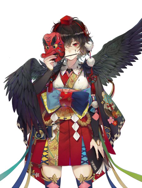 Anime picture 1338x1765 with touhou shameimaru aya ekita xuan single tall image looking at viewer fringe short hair simple background hair between eyes red eyes brown hair white background holding nail polish mouth hold floral print black wings multicolored girl