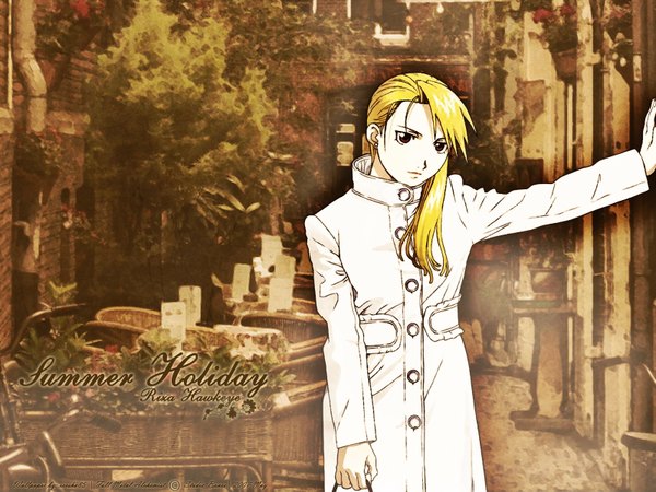 Anime picture 1600x1200 with fullmetal alchemist studio bones riza hawkeye takahashi kumiko single long hair looking at viewer fringe blonde hair red eyes standing signed inscription wallpaper third-party edit girl earrings clothes