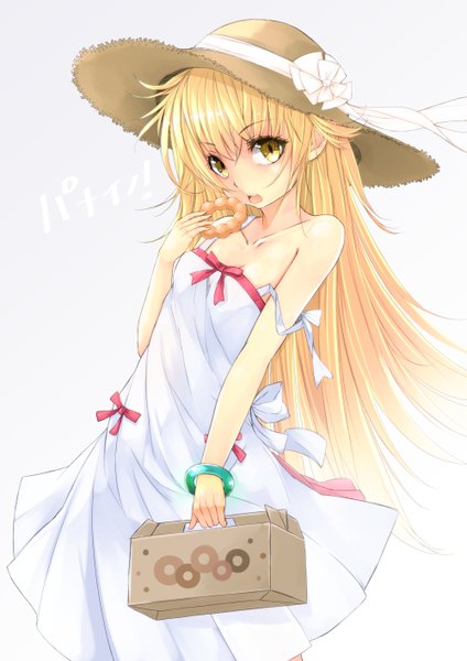 Anime picture 1000x1414 with bakemonogatari shaft (studio) monogatari (series) mister donut oshino shinobu maru-pen single long hair tall image open mouth simple background blonde hair white background yellow eyes loli girl dress hat food bracelet